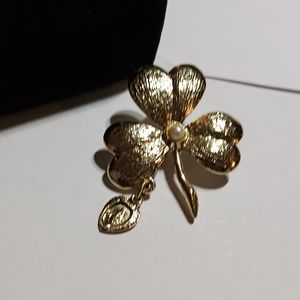 Gold Tone Clover Brooch/Pin w/Religious Medal